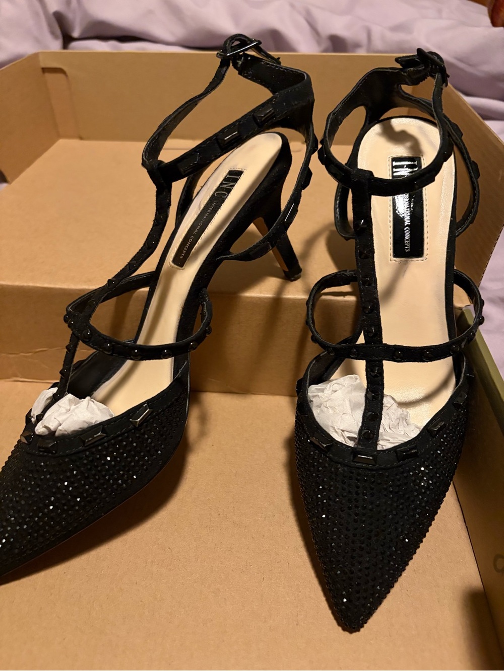 INC International Concepts Black Studded T-Strap Pointed-Toe Heels